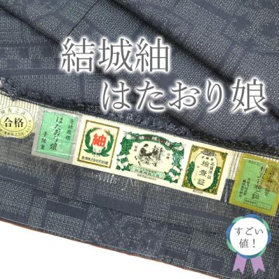 すごい値！結城紬 袷 着物 奥順 はたおり娘 手緒里 80亀甲 正絹 ブルー