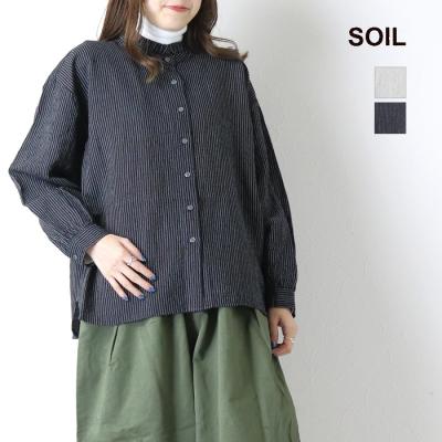 ソイル SOIL ウールリネンストライプフリルカラーシャツ INSL25711 ブラウス 長袖 羽織 インド製 レディース SOIL（ソイル） ウールリネンストライプフリルカラーシャツ INSL25711