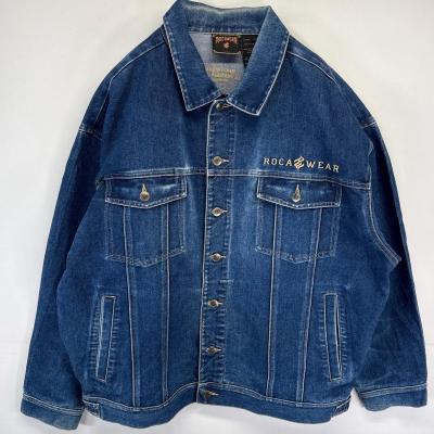 ROCAWEAR 2XL相当 背面刺繍デニムジャケット切替フルジップレザーパッチ 古着 ROCA wear デニムジャケット ロゴ刺繍 レザーパッチ ボックス