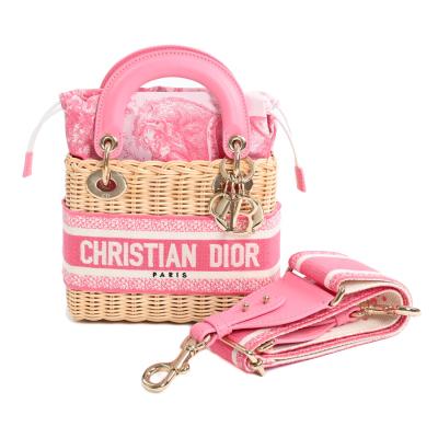 にこ❗️超美品！レディースDIOR bagミニ Dior Mini Lady Dior Bag Natural Wicker/Blue in Leather/Jacquard