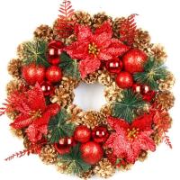 クリスマスリース クリスマス花輪 ドア 玄関 庭園 壁飾り ガーランド 松かさ 鮮やかな赤い花 オーナメント デラックスリース かわいい ゴージャス | SOMA