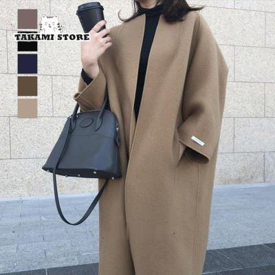 値下げ キャメル色ノーカラー ウールコート New【キャメル】ウールノーカラーウエストベルト付コート♥ コート