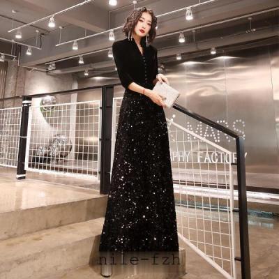 ロングドレス 演奏会 他と被らない 袖付き ロングドレス 演奏会用