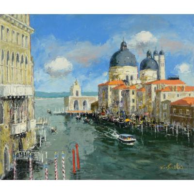 手描き油絵 サントリーニの風景 額付 肉筆絵画 インテリア 油彩画 絵画