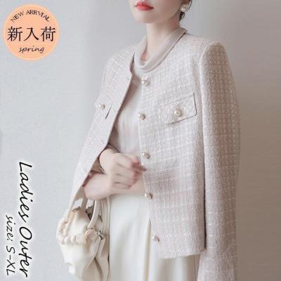 アイボリー ノーカラーツイードジャケット ツイードノーカラーミドル ジャケット （ノーカラージャケット