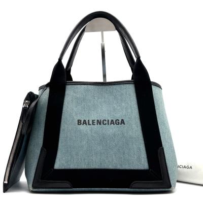 BALENCIAGA バレンシアガ ネイビーカバスS デニム ポーチ付き ロゴ