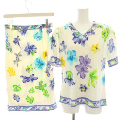 【中古】レオナール fashion セットアップ 上下 カットソー Tシャツ 半袖 Vネック タイトスカート ひざ丈 花柄 LEONARD（レオナール） fashion セットアップ 上下 カットソー Tシャツ