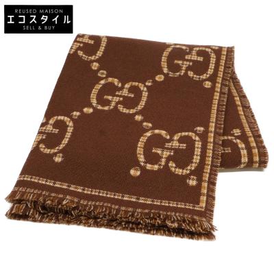 新品同様 GUCCI グッチ 660025 GGウール スカーフ ブラウン＆ベージュ  