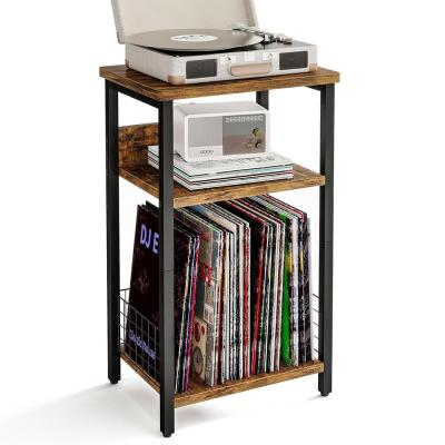 照明付杉無垢材のレコードスタンドアイアンレコードラック