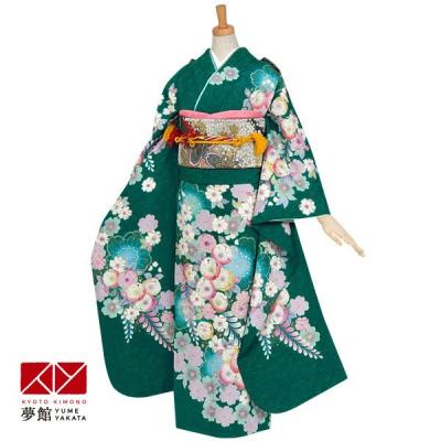 美品正絹お振袖7点フルセットMサイズブルーグリーン辻が花調】