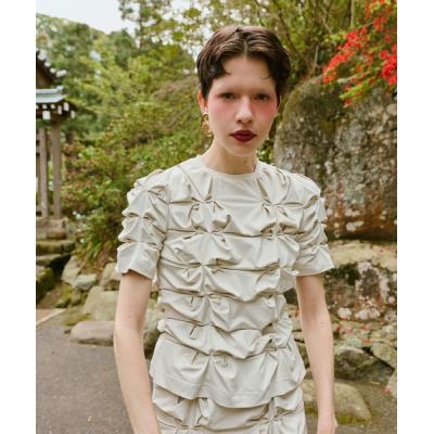 トップス OMMO ASYMME TUCK HALF SLEEVE TOP OMMO ONLINE STORE / ASYMME TUCK HALF SLEEVE TOP