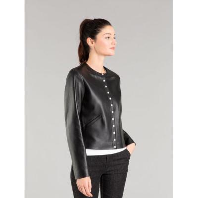 アニエスベー　フランス製　ノーカラーレザージャケット　スナップボタン　ブラック アニエスベー フランス製 ノーカラーレザージャケット スナップ
