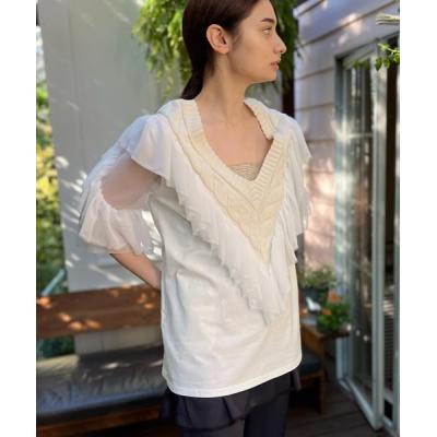 袖フリルトップス（ファッション）（襟首タイプ：Vネック）の