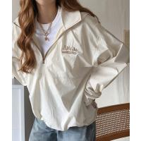 ブルゾン アウター 「JaVa ジャバコラボ」レトロで小粋な配色。胸刺繍入りオーバーサイズ配色ナイロンハーフジップ レディース