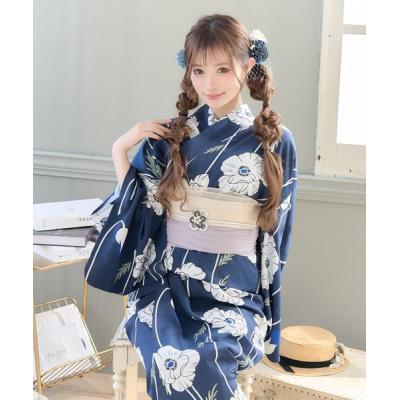 着物　絞り　浴衣布地　ブルー系　夏用ワンピース　浴衣　ハンドメイド　新品　1反 KIMONOMACHI 浴衣 レディース セット 「ブルー 絞り風オモダカ