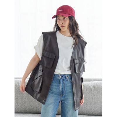 ヴィンテージ　レザー　ベスト　本革　ミドル丈　ベルト付き　レディース　M 本革レザーベスト（レディースファッション）（サイズ（S/M/L）：S