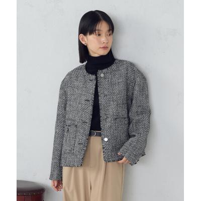 新品‼︎超お買い得‼︎23区超薄手ノーカラージャケット サイズ38ブラック・グレー コンプレストパイル ノーカラー アウター（JKWOSW0432