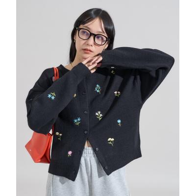 【美品】sss satti mouse 花刺繍 黒 ニットカーディガン Ｌ Flower LOGO cardigan | ssssattimous