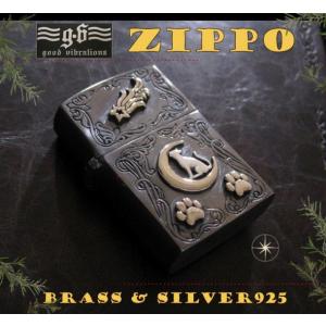 (GV)ZIPPOライター ネコと三日月 肉球 メイン 金色 真鍮製(ブラス製) シルバー925製銀...
