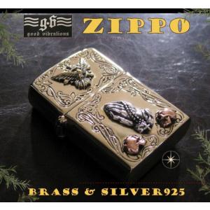 (GV)ZIPPOライター プレイハンド ハト スカル メイン 金色 真鍮製(ブラス製) シルバー9...