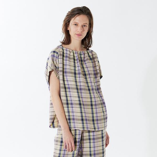 《セットアップ対応》レーヨンリネンチェックブラウス