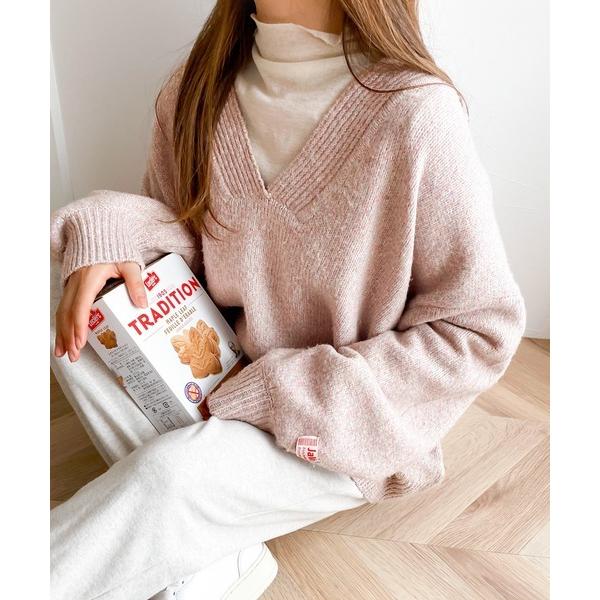 《JaVaジャバ コラボ》ふんわりソフトタッチ。ミックスカラーディープVネックニット