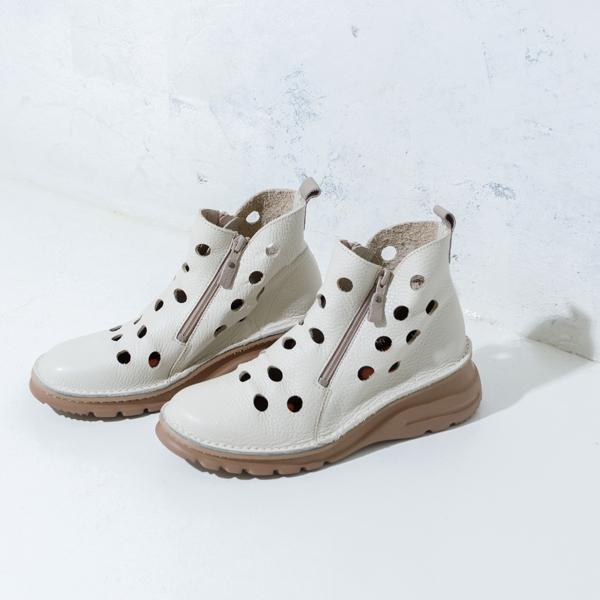 【日本製】4E幅広軽量パンチングデザインダブルファスナーショートブーツ