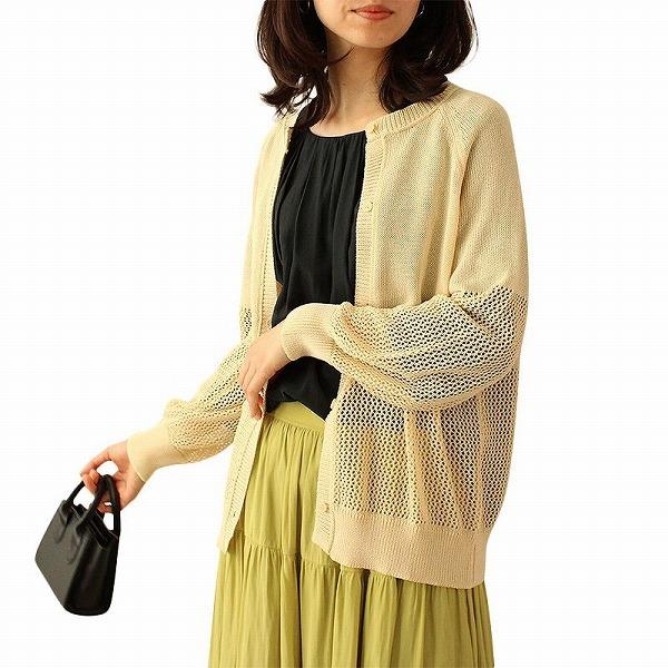 【大きいサイズ】部分 メッシュ 編み クルーネック カーディガン