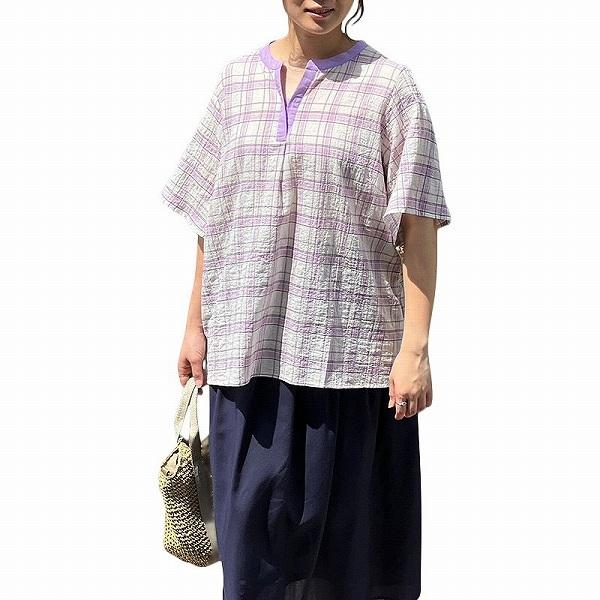 【大きいサイズ】シャーリング チェック スキッパー シャツ