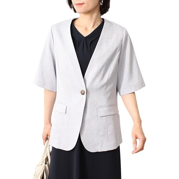 【大きいサイズ】リネンライク 半袖 ノーカラー ジャケット