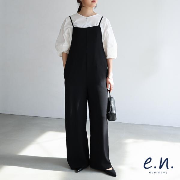 とろみ素材 スクエアネック サロペット evernavy エバーネイビー