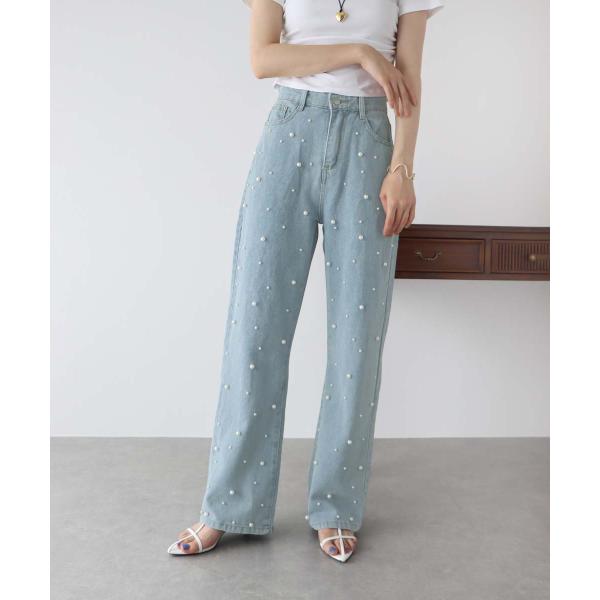 パール付きハイウエストデニムパンツ