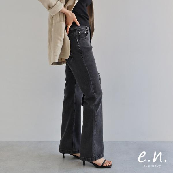 ストレッチ 美脚 フレア デニム パンツ evernavy エバーネイビー