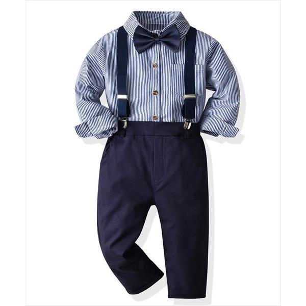 キッズスーツ 長袖ストライプシャツ+サスペンダー+蝶ネクタイ+パンツ 4点セット