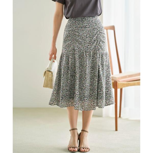 フラワーレイヤープリント ギャザースカート