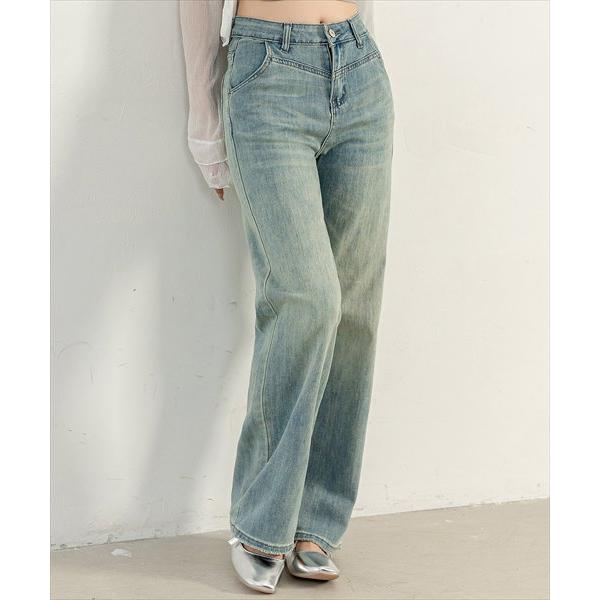 レディース 淡色ヴィンテージ風ウォッシュストレートデニムパンツ