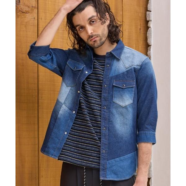 デニムパッチワーク7分袖ウエスタンシャツ