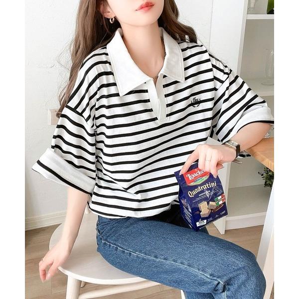 《JaVa ジャバコラボ》大人の上品カジュアル。胸刺繍スキッパー襟半袖プルオーバー