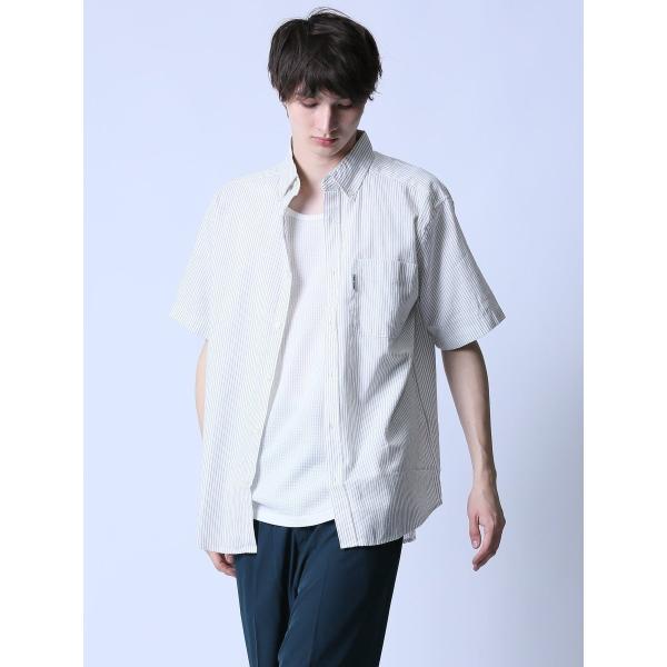 ファーストダウン リネン混ストライプ ボタンダウン半袖シャツ