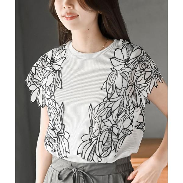 フラワーレース袖リブTシャツ