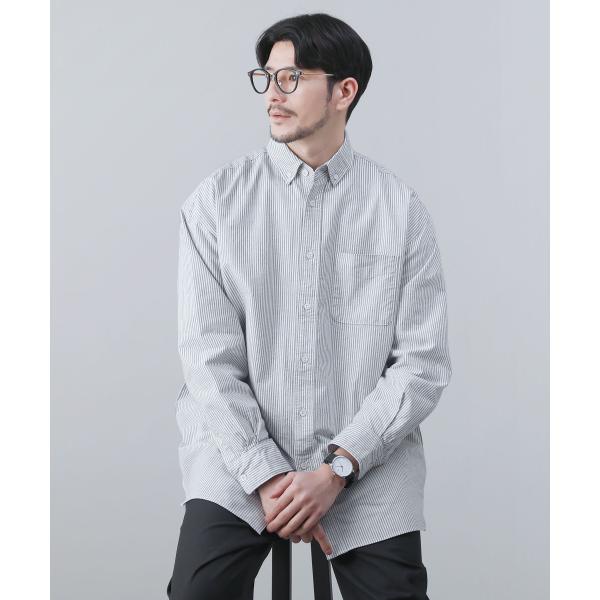 日本製播州織オックスフォードストライプボタンダウンボクシーAライン長袖シャツ