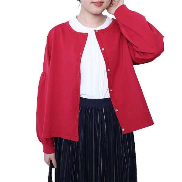 【大きいサイズ】クルーネック ボリューム スリーブ カーディガン