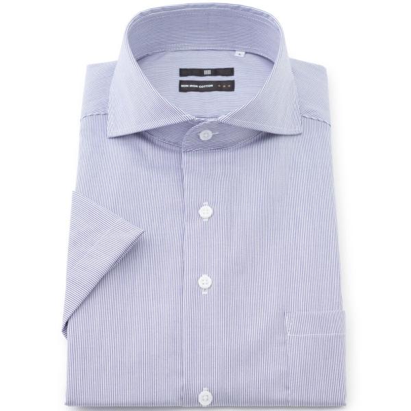 【半袖】カッタウェイワイシャツ ネイビーストライプ ノーアイロン 綿100％ 形態安定