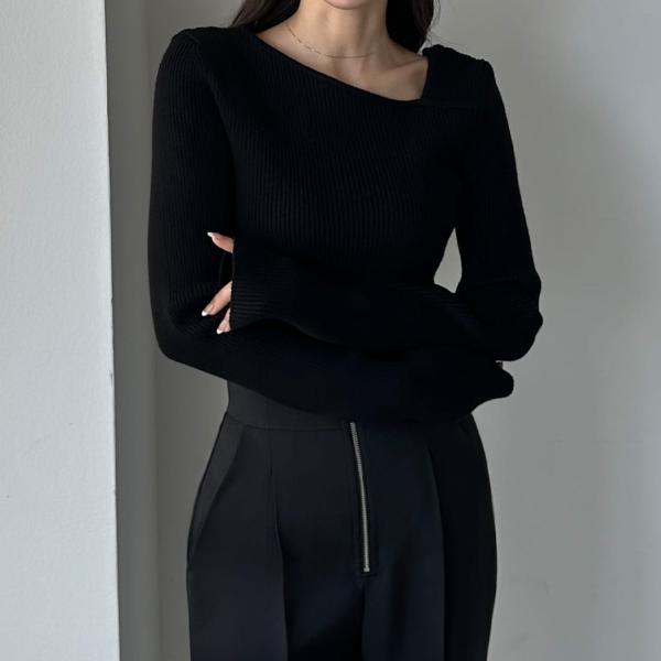 Louere　アシメネックリブニット