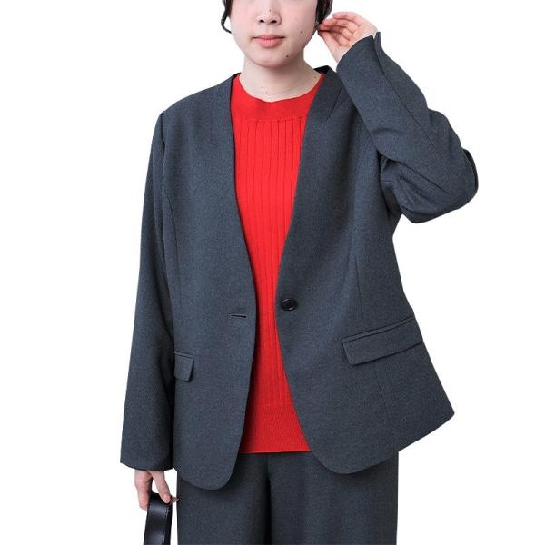 【大きいサイズ】【アンチピリング】 ウール調 ツイル ノーカラージャケット
