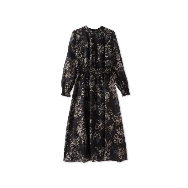 ドローイングフラワープリントワンピース