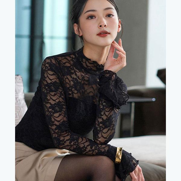 ジャージーレースフリルロングスリーブトップス