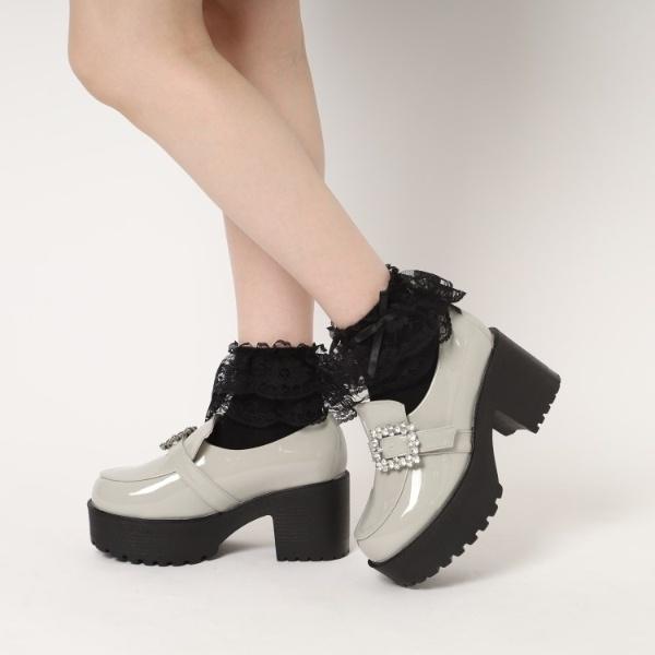 厚底キラキラストーンバックル ローファーパンプス