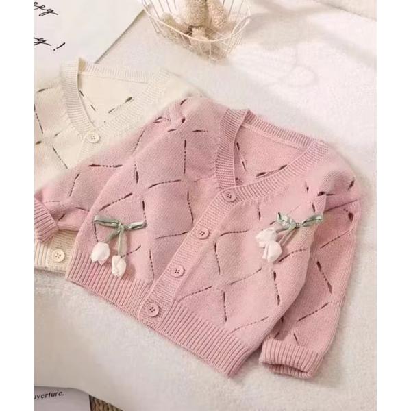 【aimoha-KIDS-】ダイヤ柄透かし編みチューリプカーディガン キッズ