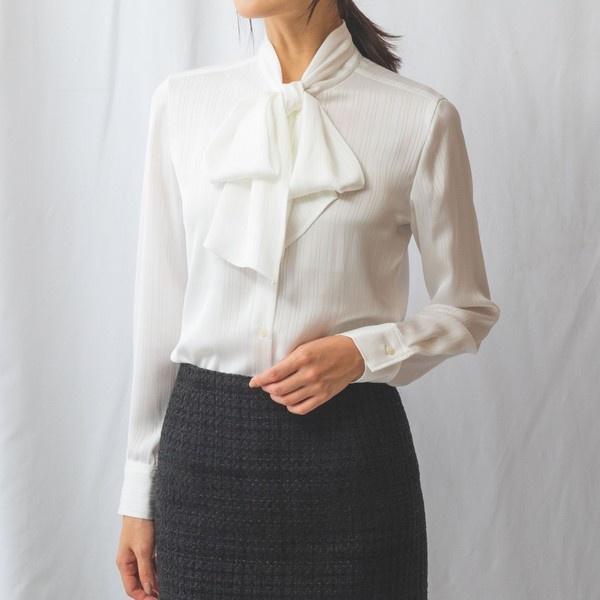 【NARACAMICIE】サテンストライプボウタイ長袖ブラウス